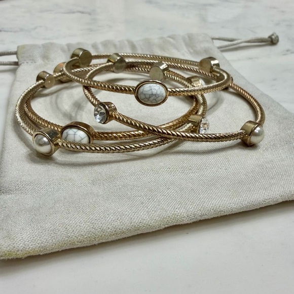 Silver Plated Faux Pearl, Howlite, and Rhinestone Bangles, Set of (4) LIKE NEW - Picture 4 of 5